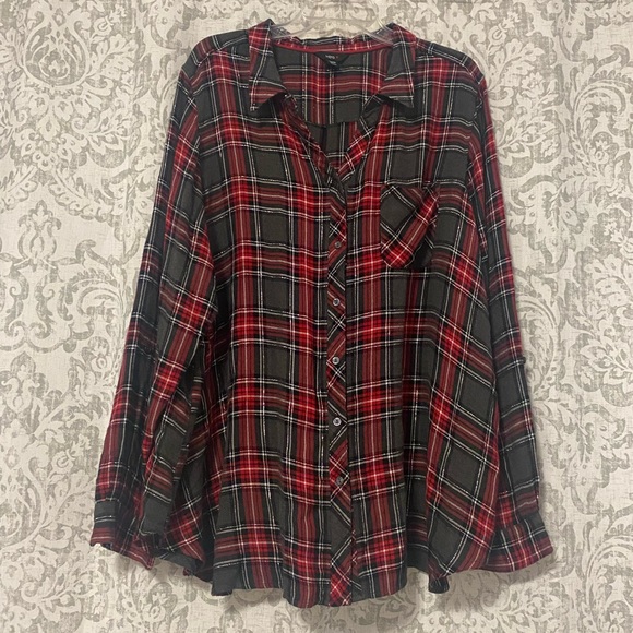 entro Tops - Intro Long Sleeve Button Up Plaid Flannel Top Red Gray Metallic Silver 3X